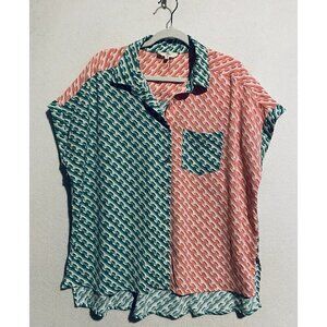 Entro Top Womens Medium Retro Boho Print Button Up Hi Low Hem Boxy Oversized